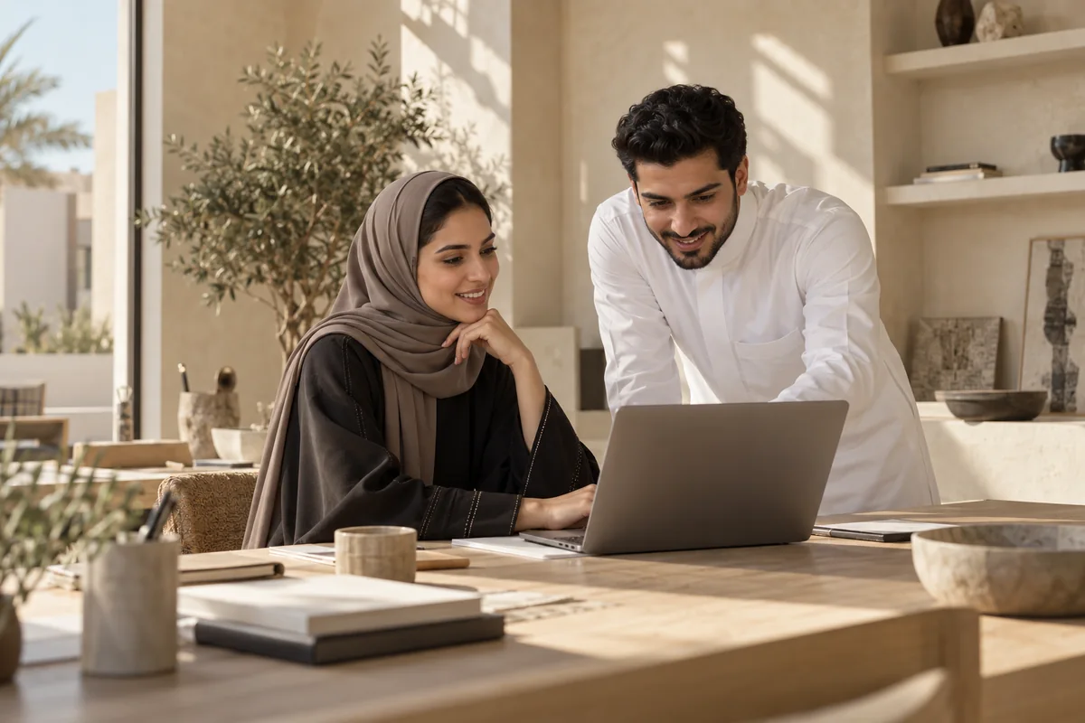 تصور لزميلين سعوديين يتعاونان على مشروع في مكتب مشرق
